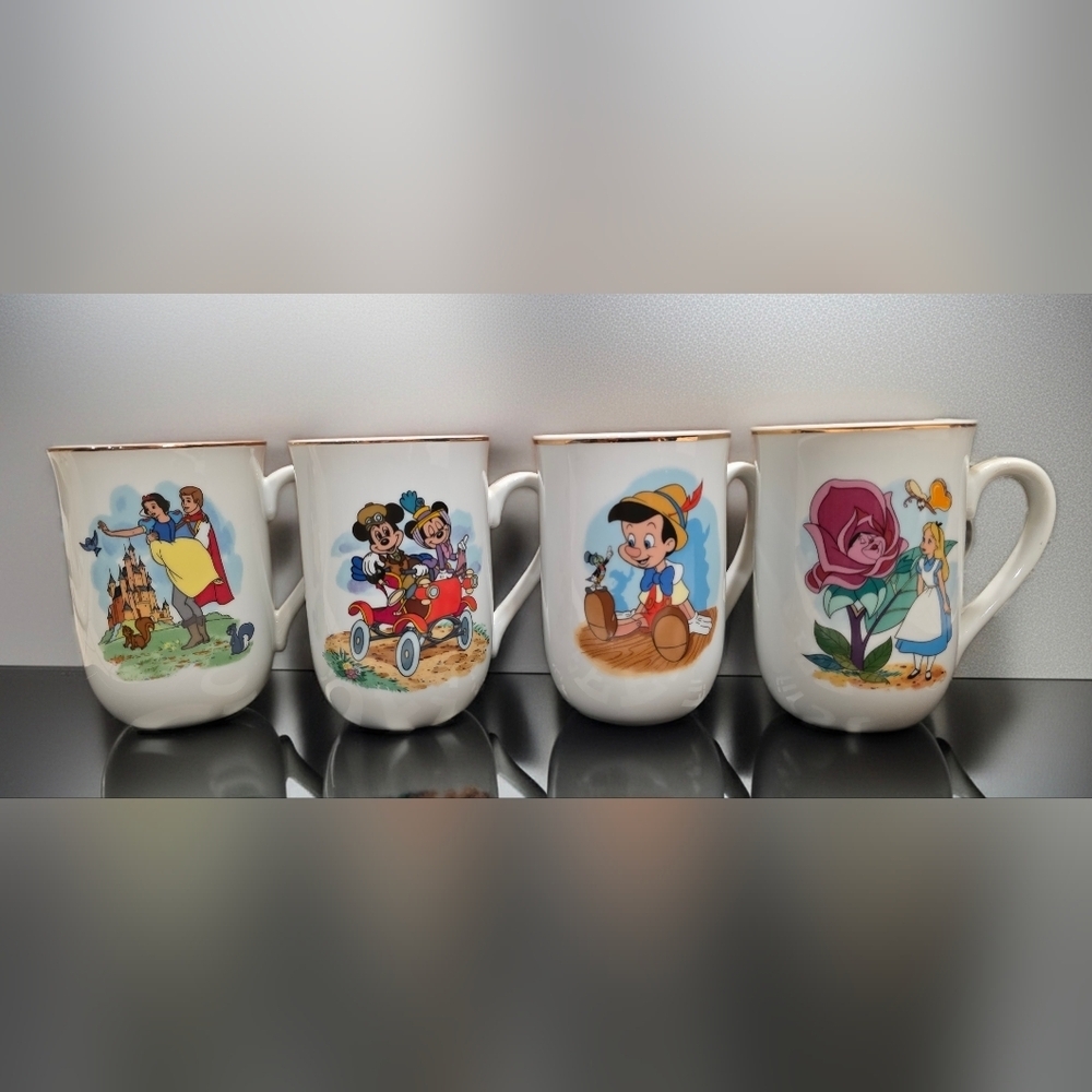 Walt Disney Character Mugs Set Four (4) Alice Pinnochio Mickey Snow White Cups - Picture 1 of 8
